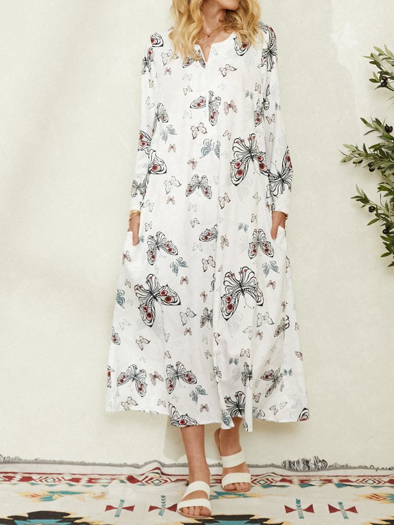 Kvinner Sommerfugl Med Trykk Langermet Lomme Fritids Maxi Dress