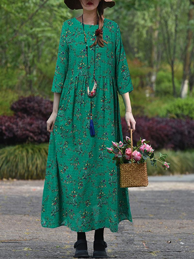 Kvinner Vintage Blomster Med Trykk O-hals 3/4 Ermet Fritids Holiday Maxi Dress