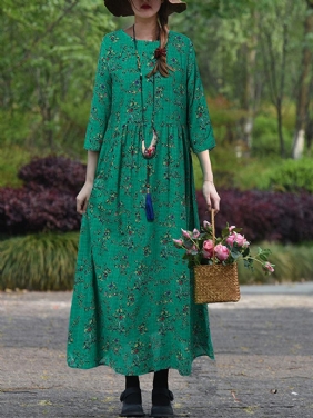 Kvinner Vintage Blomster Med Trykk O-hals 3/4 Ermet Fritids Holiday Maxi Dress