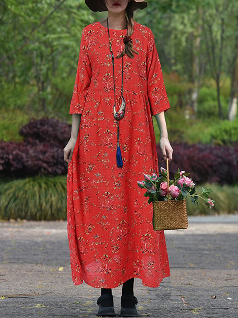 Kvinner Vintage Blomster Med Trykk O-hals 3/4 Ermet Fritids Holiday Maxi Dress