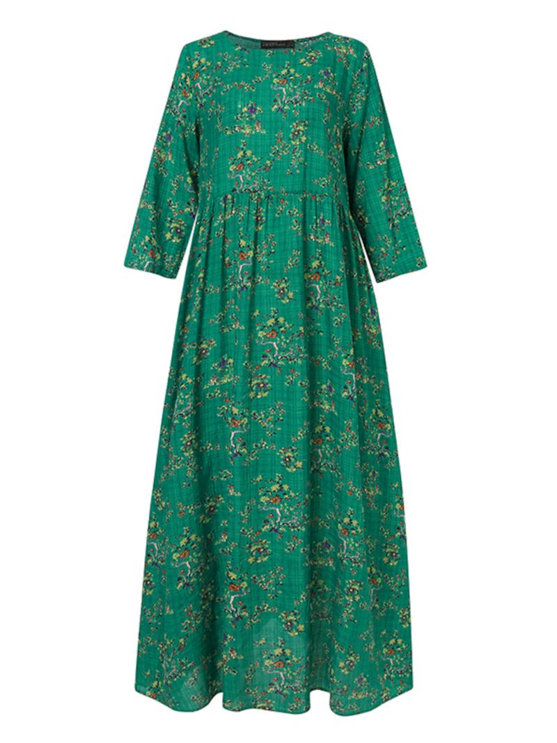 Kvinner Vintage Blomster Med Trykk O-hals 3/4 Ermet Fritids Holiday Maxi Dress