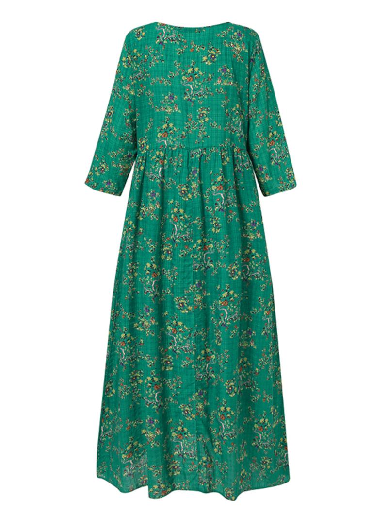 Kvinner Vintage Blomster Med Trykk O-hals 3/4 Ermet Fritids Holiday Maxi Dress