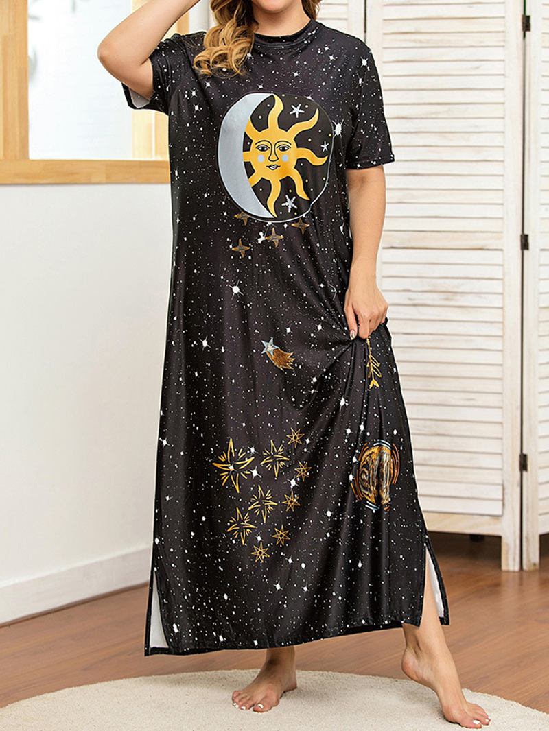 Plus Size Galaxy Med Trykk Kortermet Rundhals Slit Lang Kjole