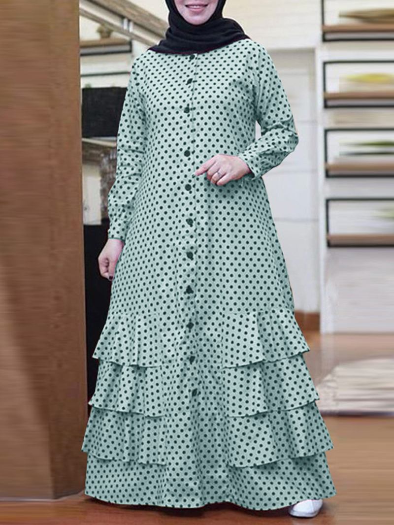 Polka Dot Ruffles Trim Button Langermet Bohemian Skjorte Maxi Kjole Til Dame