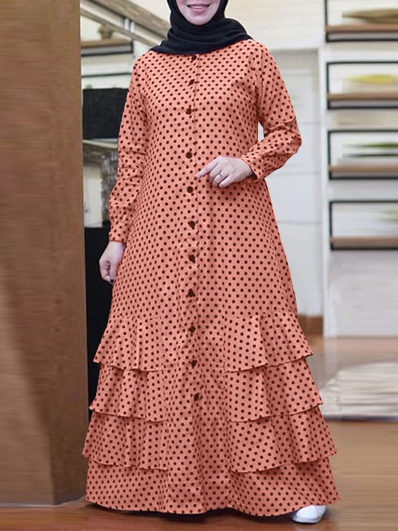 Polka Dot Ruffles Trim Button Langermet Bohemian Skjorte Maxi Kjole Til Dame