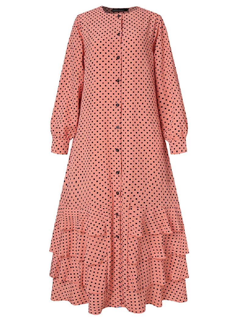 Polka Dot Ruffles Trim Button Langermet Bohemian Skjorte Maxi Kjole Til Dame