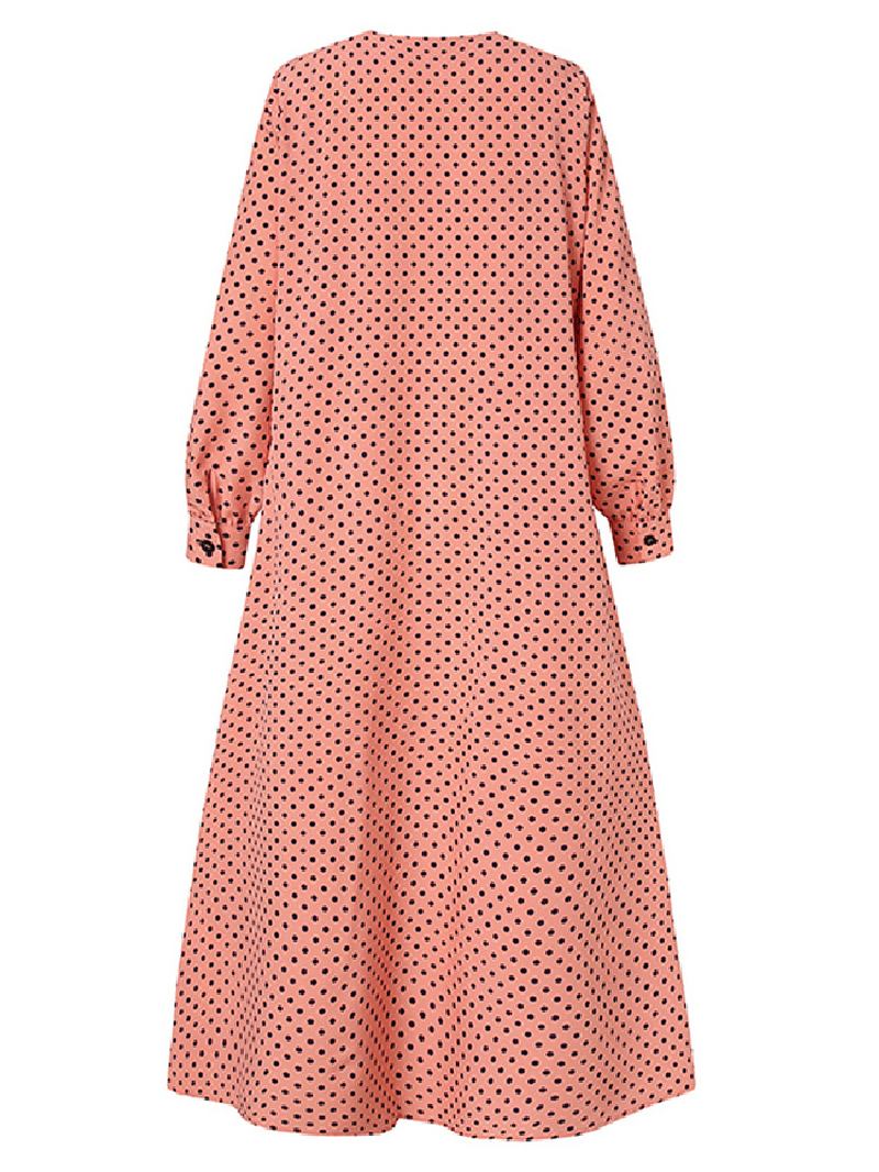 Polka Dot Ruffles Trim Button Langermet Bohemian Skjorte Maxi Kjole Til Dame