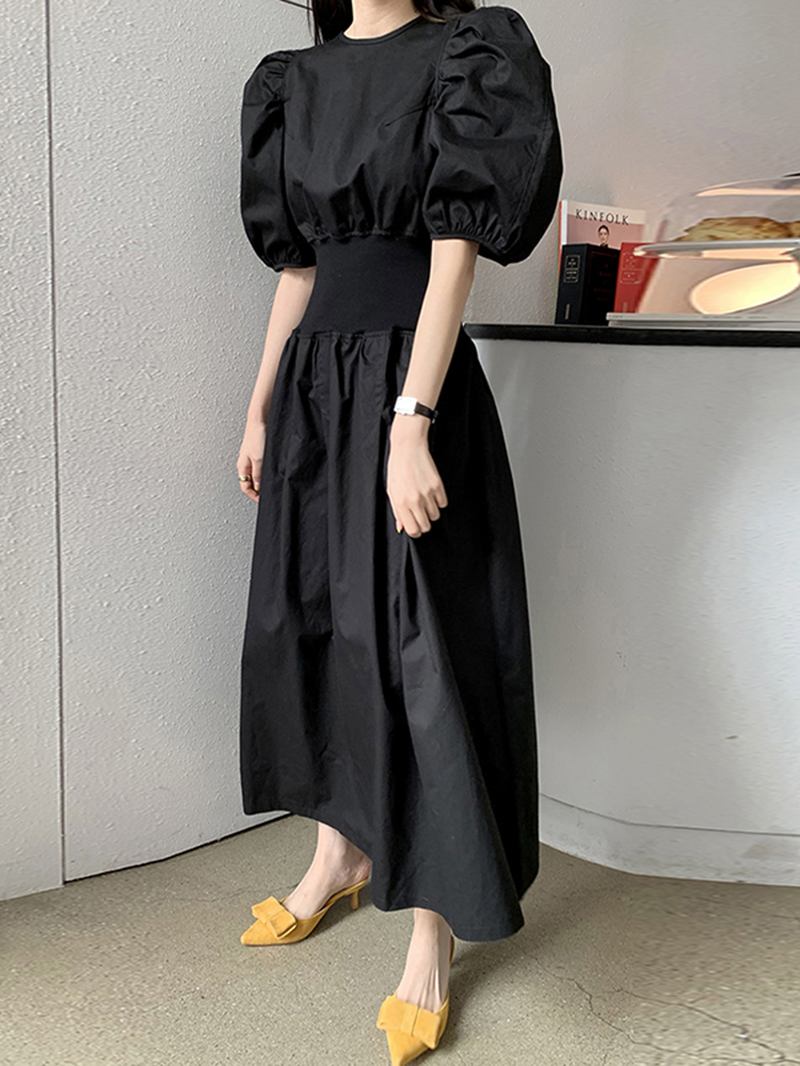 Puff Sleeve O-hals Kortermet Elastiske Mansjetter Uformell Maxi Dress