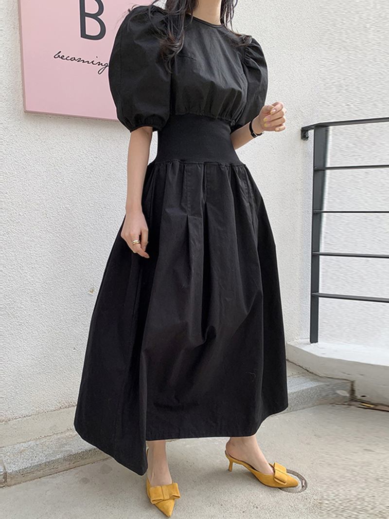 Puff Sleeve O-hals Kortermet Elastiske Mansjetter Uformell Maxi Dress