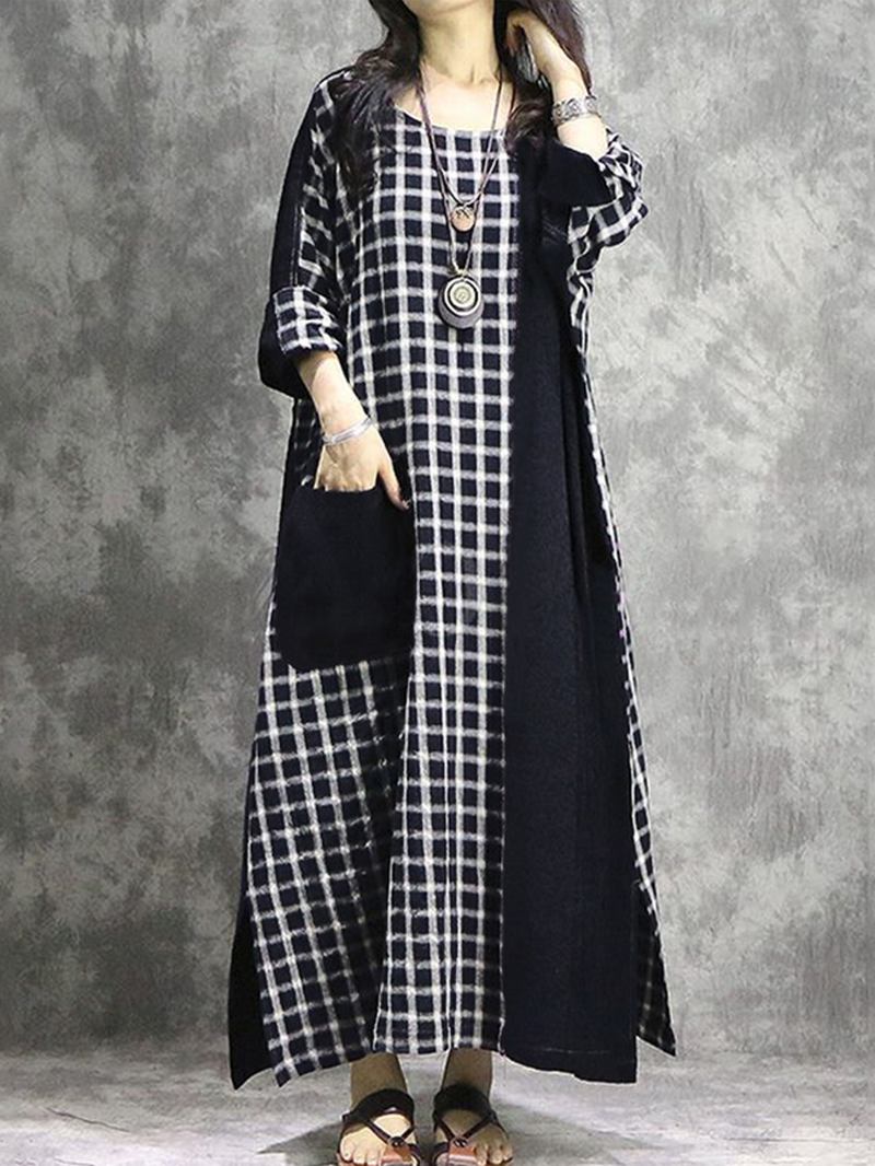 Rutet Patchwork Rund Hals Langermet Fritids Maxi Dress