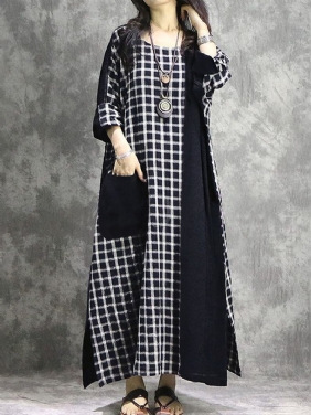 Rutet Patchwork Rund Hals Langermet Fritids Maxi Dress