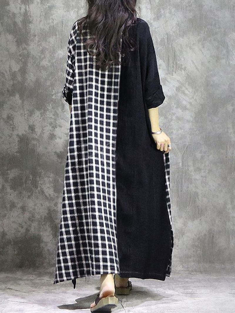 Rutet Patchwork Rund Hals Langermet Fritids Maxi Dress