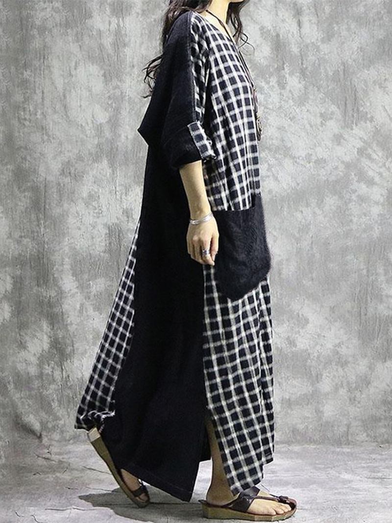 Rutet Patchwork Rund Hals Langermet Fritids Maxi Dress