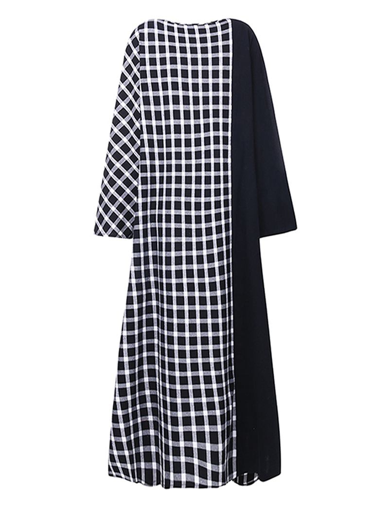 Rutet Patchwork Rund Hals Langermet Fritids Maxi Dress