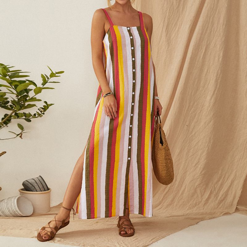 Stripete Button Down Split Straps Dame Fritids Maxi Dress