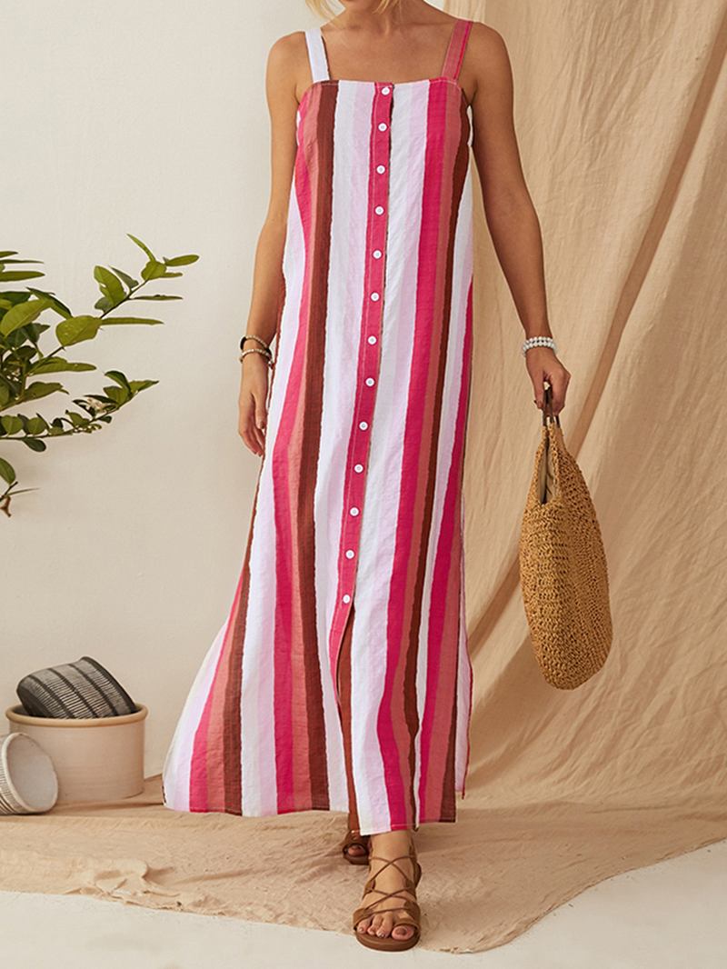 Stripete Button Down Split Straps Dame Fritids Maxi Dress