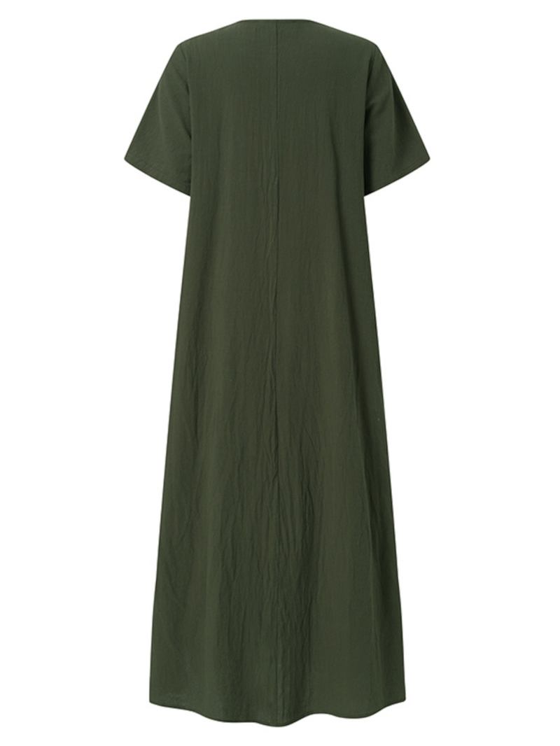 Uformell Solid Crew Neck Kortermet Button Bohemia Maxi Dress