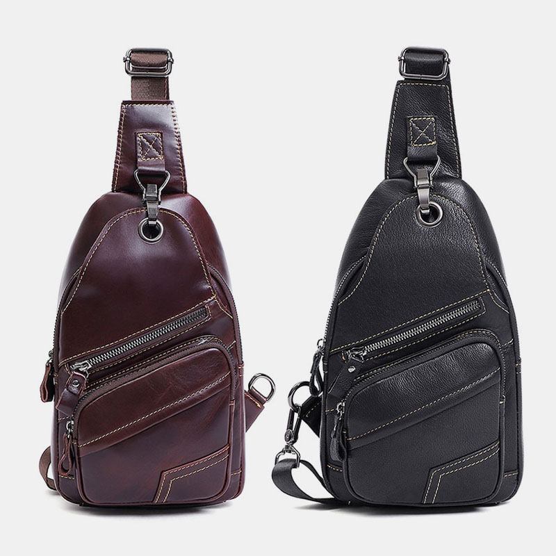 Ekte Skinn For Menn Med Stor Kapasitet Utendørs Uformelt Brystveske Cabriolet Skulderstropp Multi-lomme Skulderveske Crossbody-veske