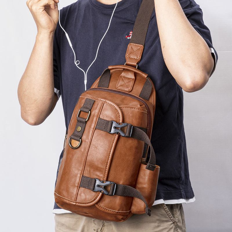 Herre Pu-skinn Multifunksjonshodesetthull Med Stor Kapasitet Usb-lading Short Trip Sling Bags Crossbody Veske Brystveske