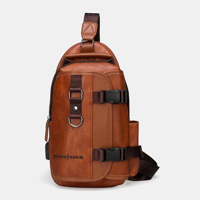 Herre Pu-skinn Multifunksjonshodesetthull Med Stor Kapasitet Usb-lading Short Trip Sling Bags Crossbody Veske Brystveske