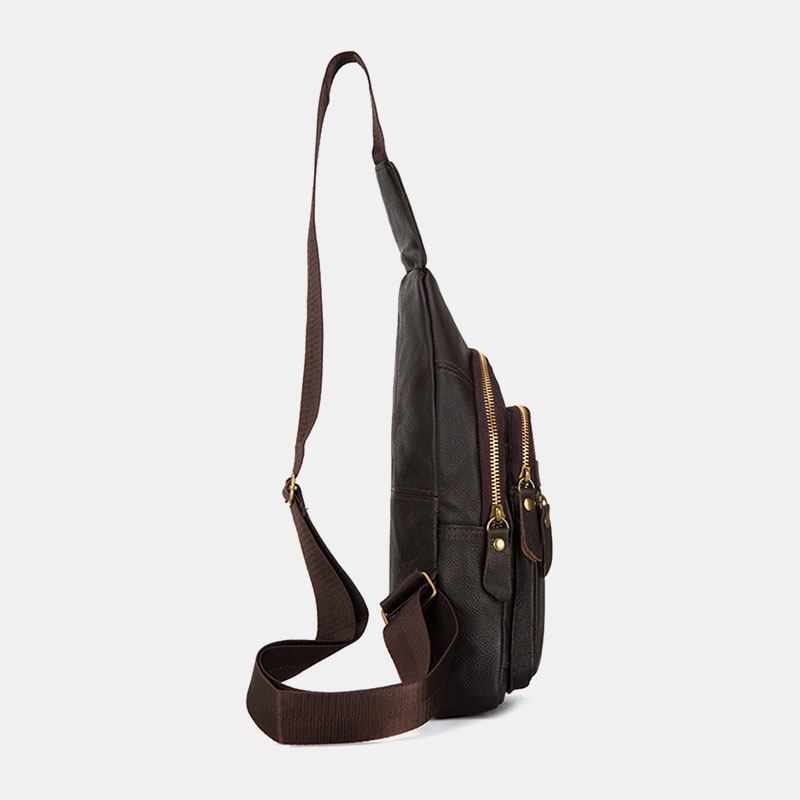 Menn Ekte Lær Flerlags Vanntett Fritids Crossbody Veske Bryst Veske Sling Bag