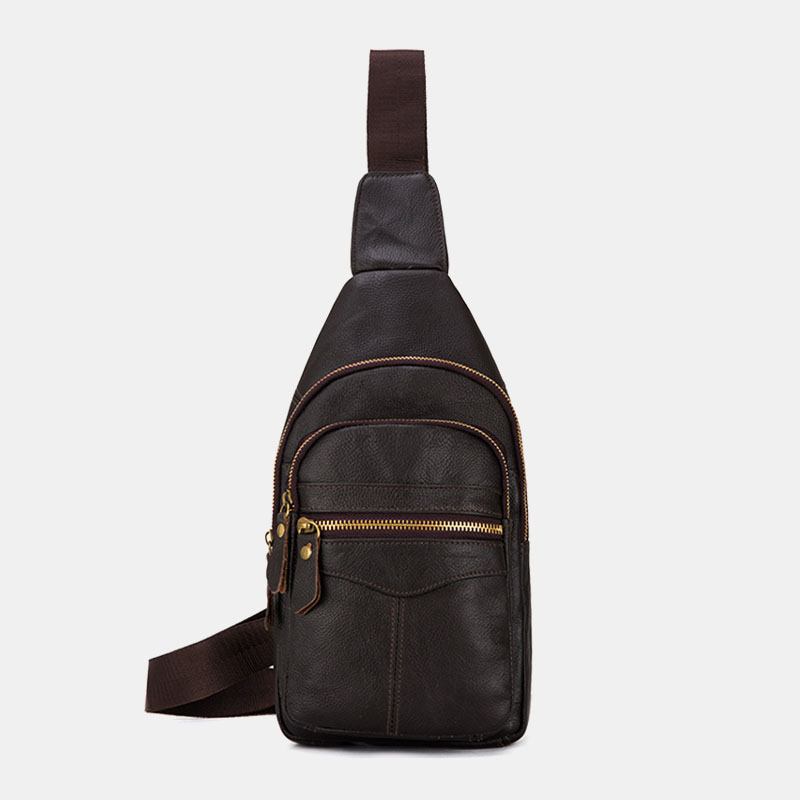 Menn Ekte Lær Flerlags Vanntett Fritids Crossbody Veske Bryst Veske Sling Bag