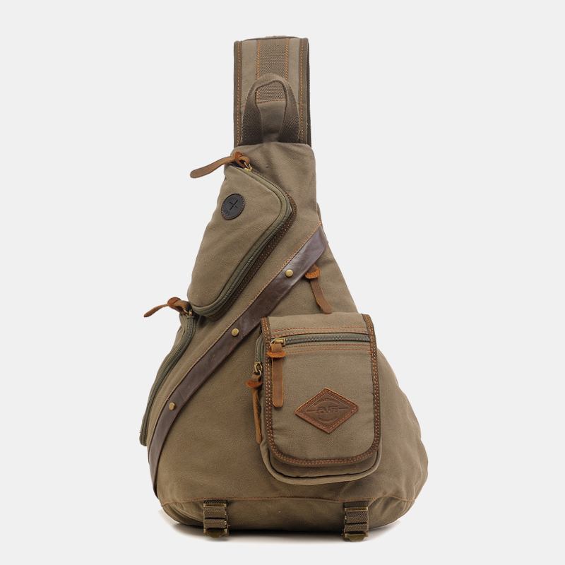 Menn Ekte Lær Og Lerret Reiser Utendørs Bæreveske Multi-pocket Crossbody Veske Brystveske