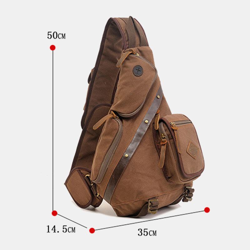 Menn Ekte Lær Og Lerret Reiser Utendørs Bæreveske Multi-pocket Crossbody Veske Brystveske