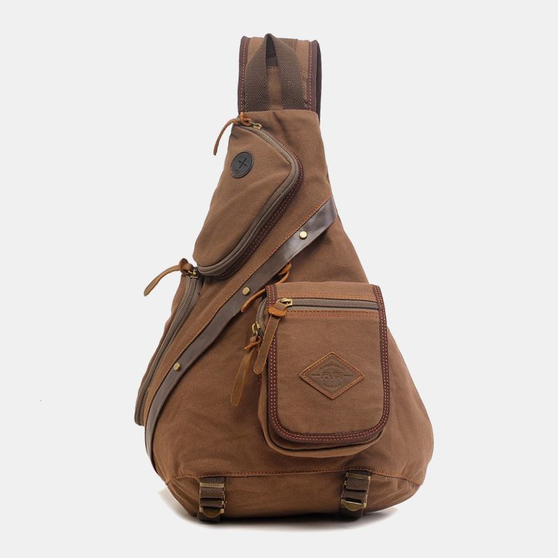 Menn Ekte Lær Og Lerret Reiser Utendørs Bæreveske Multi-pocket Crossbody Veske Brystveske