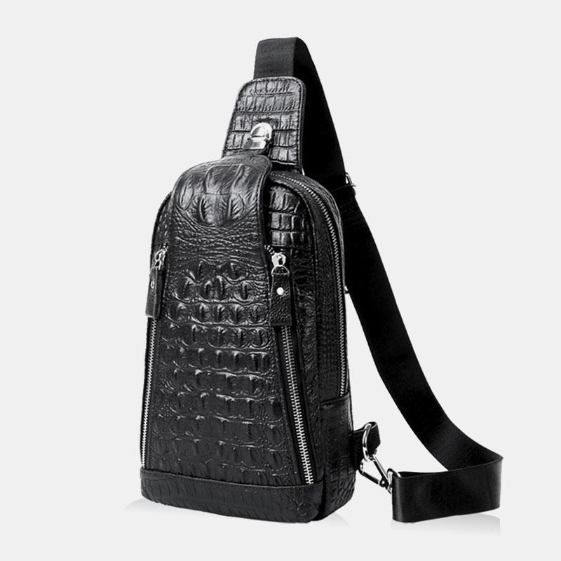 Menn Ekte Skinn Krokodillemønster Med Stor Kapasitet Vintage 6.5 Tommers Brystvesker Crossbody-veske Skulderveske