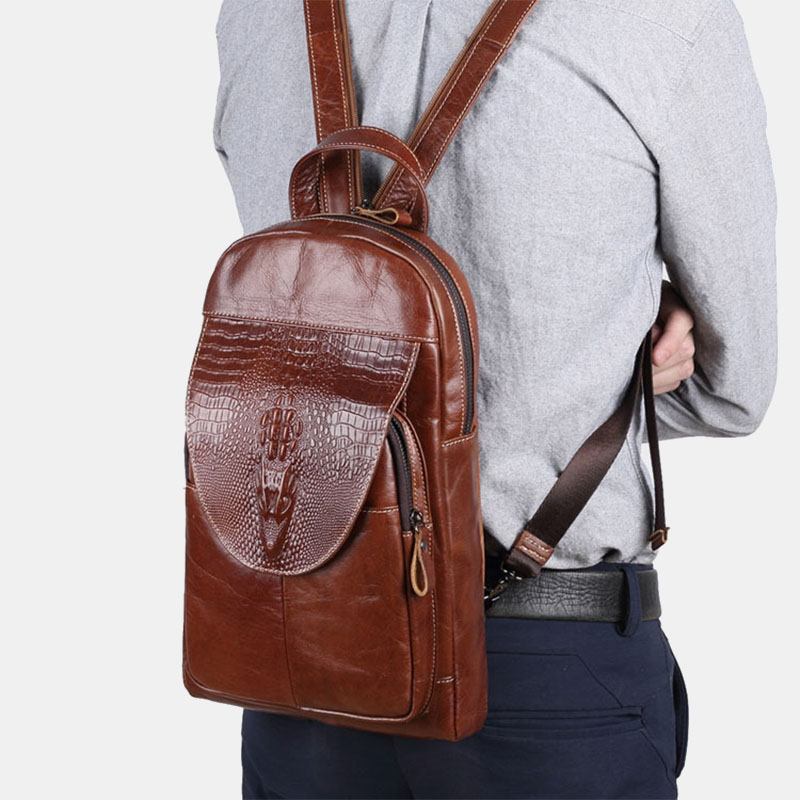 Menn Ekte Skinn Multi-lomme Krokodille Mønster Brystveske Multifunksjon Anti-tyveri Crossbody Skulderveske