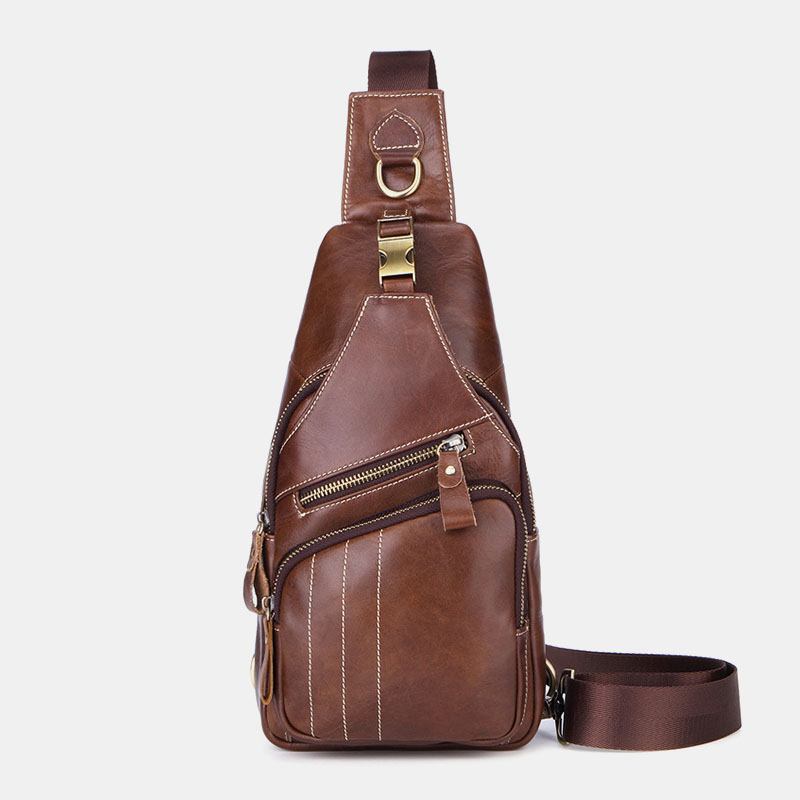 Menn Ekte Skinn Retro Business Fritids Ensfarget Skinn Skulderveske Crossbody Veske Brystveske