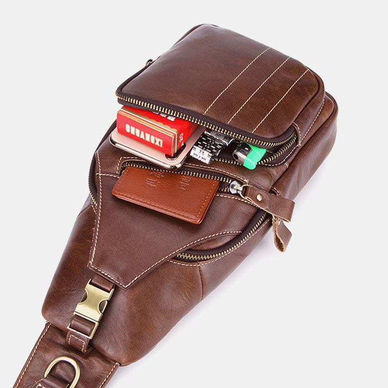 Menn Ekte Skinn Retro Business Fritids Ensfarget Skinn Skulderveske Crossbody Veske Brystveske