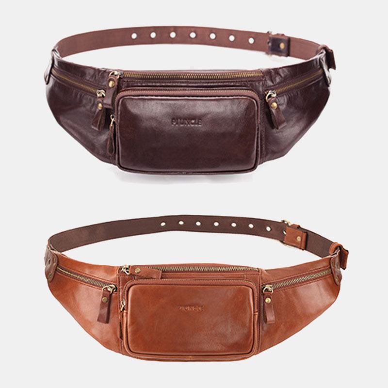 Menn Ekte Skinn Retro Sport Utendørs Multi-bære Brystveske Sling Veske Crossbody Veske Midjeveske