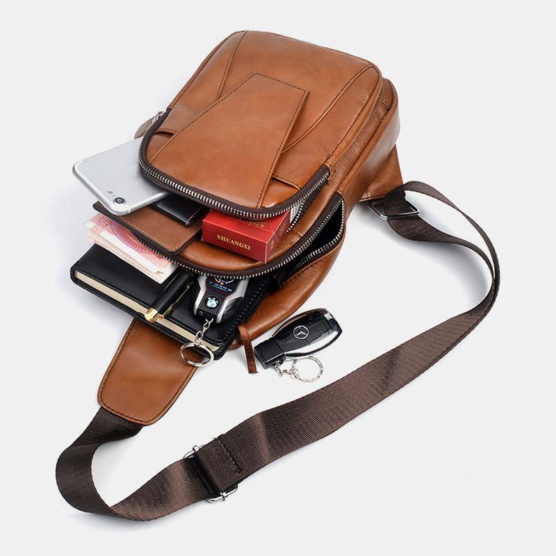 Menn Ekte Skinn Rygg Anti-tyveri Glidelås Lomme Brystveske Mote Uformelle Slitasjebestandig Crossbody Veske Skulderveske