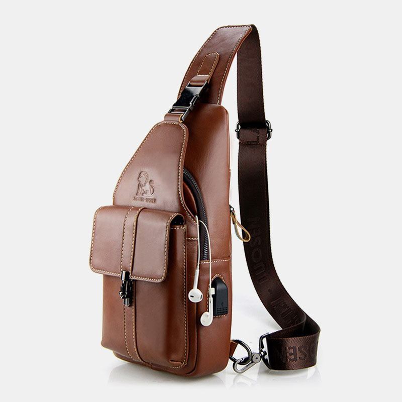 Menn Ekte Skinn Usb-lading Retro Fritids Kuskinn Brystveske Sling Veske Crossbody Bag