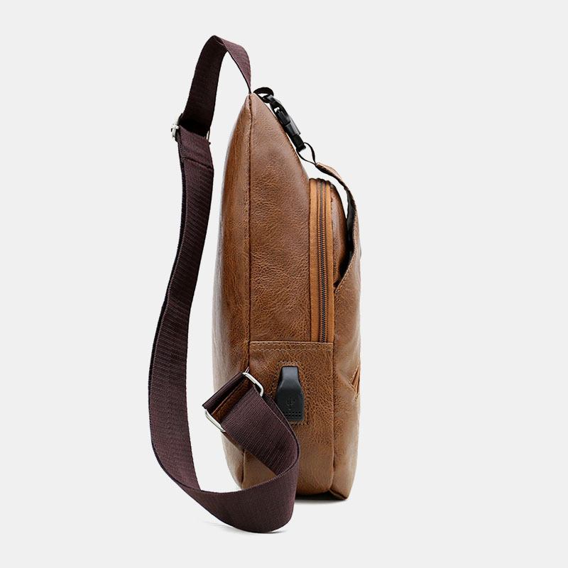 Menn Faux Leather Usb Lading Øretelefon Reise Retro Business Brystveske Crossbody Bag