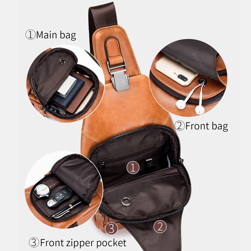 Menn Kuskinn Multi-pocket Usb Lading Bryst Veske Outdoor Travel Anti-theft Crossbody Skulderveske