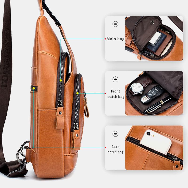 Menn Kuskinn Multi-pocket Usb Lading Bryst Veske Outdoor Travel Anti-theft Crossbody Skulderveske