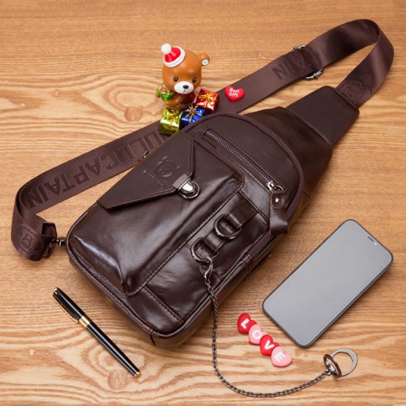 Menn Multi-pocket Brystveske I Mykt Skinn Vintage Mobiltelefon Holder Kjede Crossbody Skulderveske