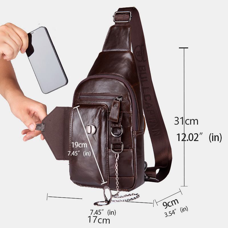 Menn Multi-pocket Brystveske I Mykt Skinn Vintage Mobiltelefon Holder Kjede Crossbody Skulderveske