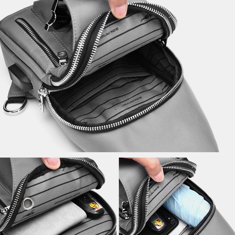 Menn Oxford Usb-lading Hodetelefoner Hulldesign Brystveske Multifunksjon Multi-pocket Vanntett Crossbody Skulderveske