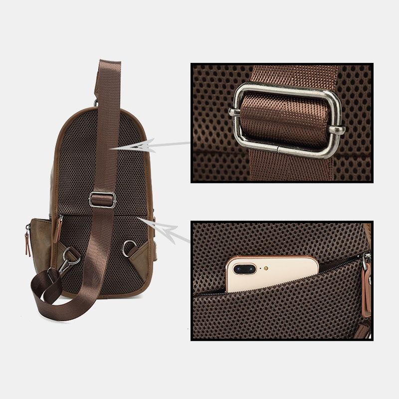 Menn Pu-skinn Vintage Multifunksjons Øretelefonhull Usb-lading Crossbody Veske Brystveske Sling Bag