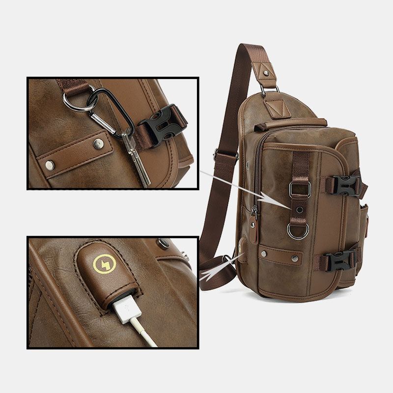 Menn Pu-skinn Vintage Multifunksjons Øretelefonhull Usb-lading Crossbody Veske Brystveske Sling Bag