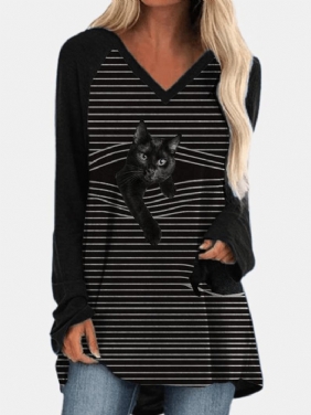 Dame V-hals Stripe Back Kattetrykk Langermet Fritids T-skjorter