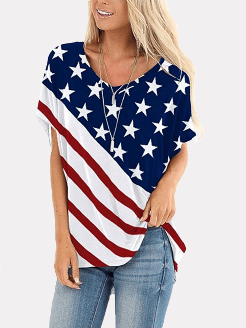 Flag Star Med Trykk Independence Day Crew Neck Dame Uformelle T-skjorter For Kvinner