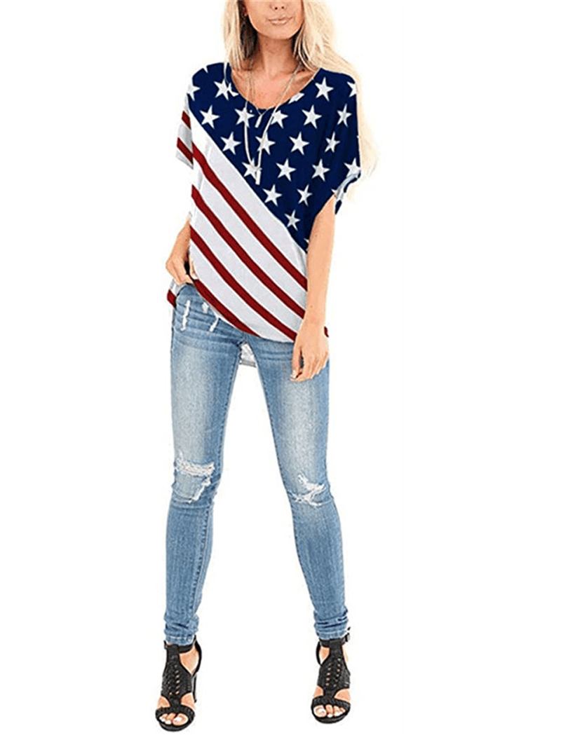 Flag Star Med Trykk Independence Day Crew Neck Dame Uformelle T-skjorter For Kvinner