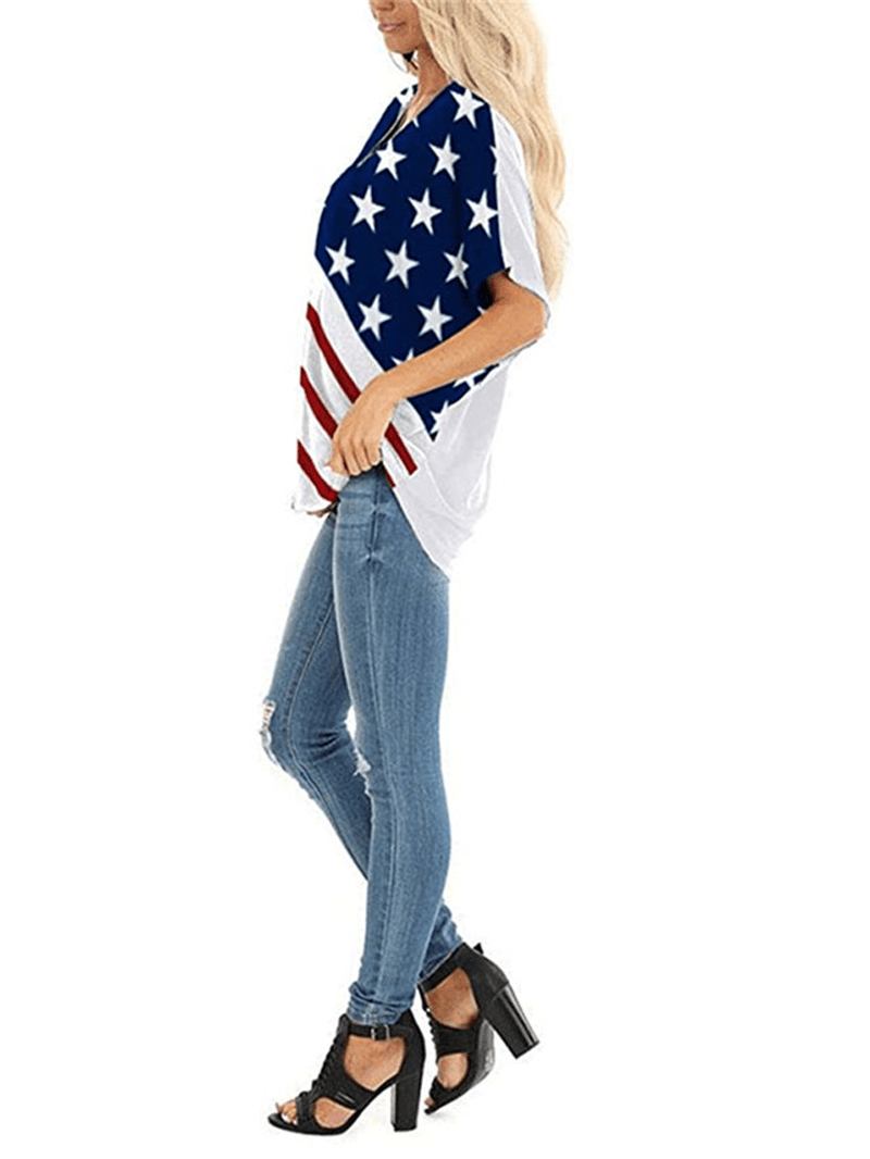 Flag Star Med Trykk Independence Day Crew Neck Dame Uformelle T-skjorter For Kvinner