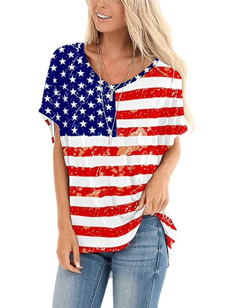 Flag Star Med Trykk Independence Day Crew Neck Dame Uformelle T-skjorter For Kvinner