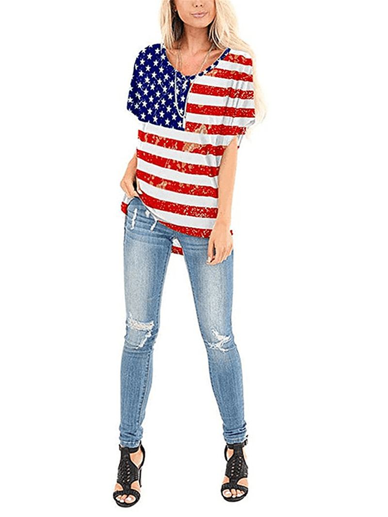 Flag Star Med Trykk Independence Day Crew Neck Dame Uformelle T-skjorter For Kvinner